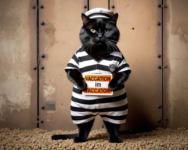 Black Cat in Prisoner Outfit with Comical Backdrop