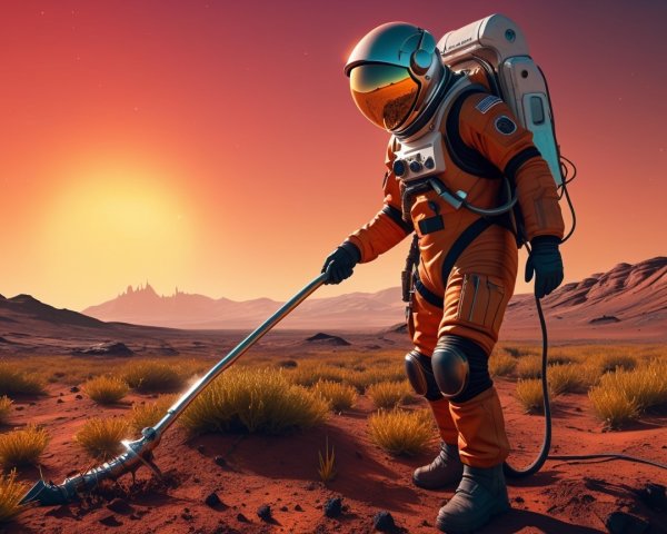 Astronaut in Orange Suit on Reddish Alien Landscape