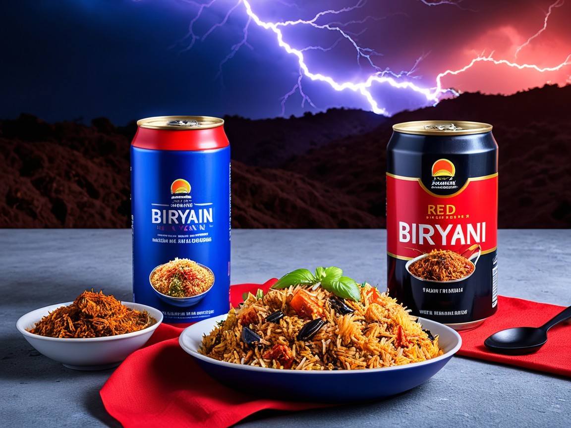 Vibrant Biryani Display with Stormy Sky Background