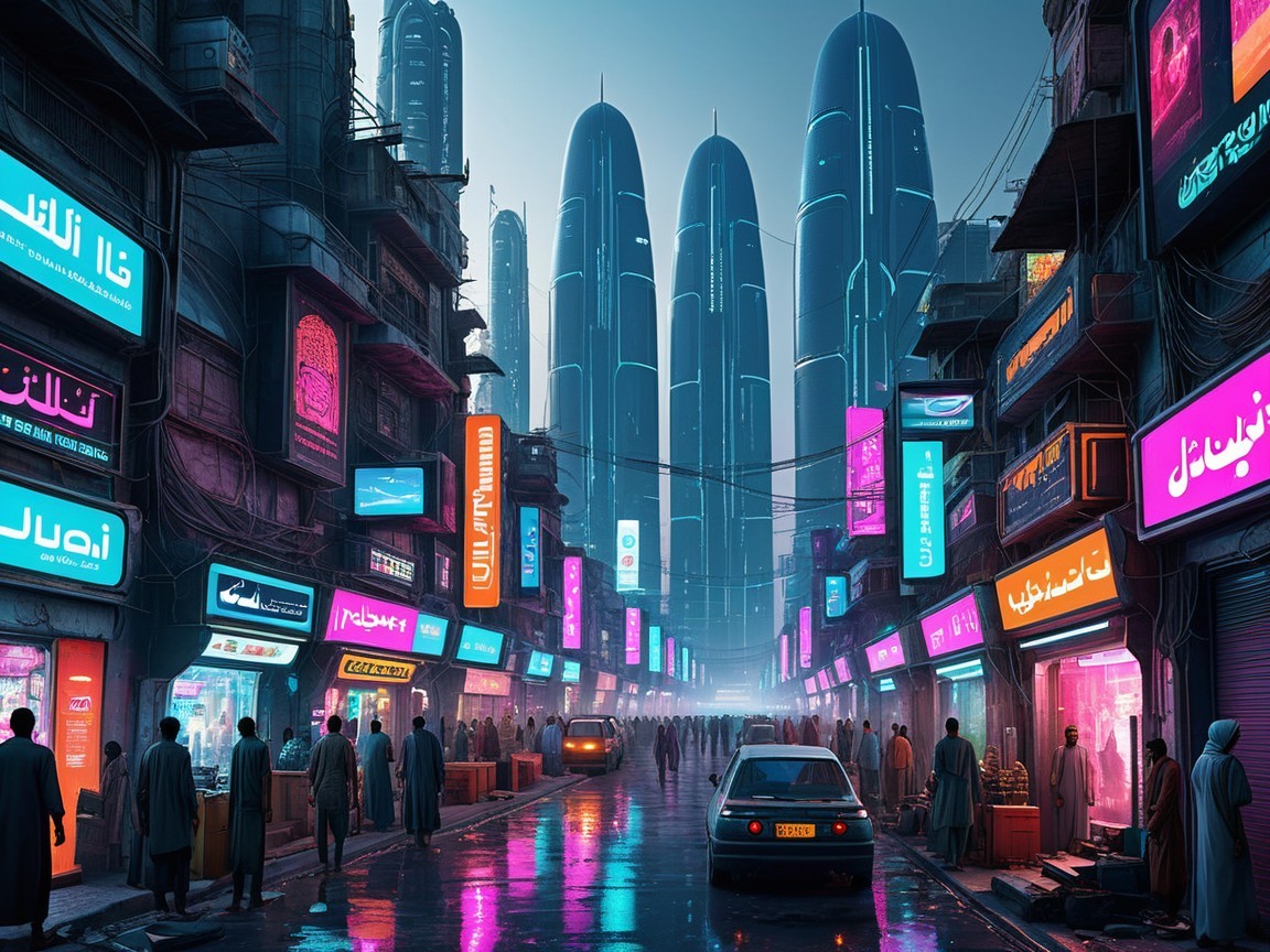 Futuristic Urban Street with Traditional Attire and Neon Signs