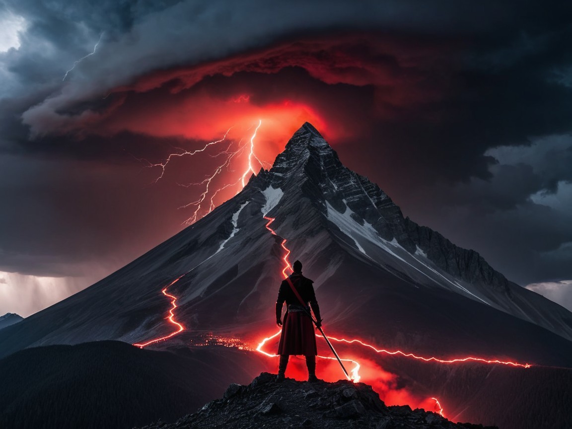 Dramatic Mountain Scene with Lava and Silhouetted Figure
