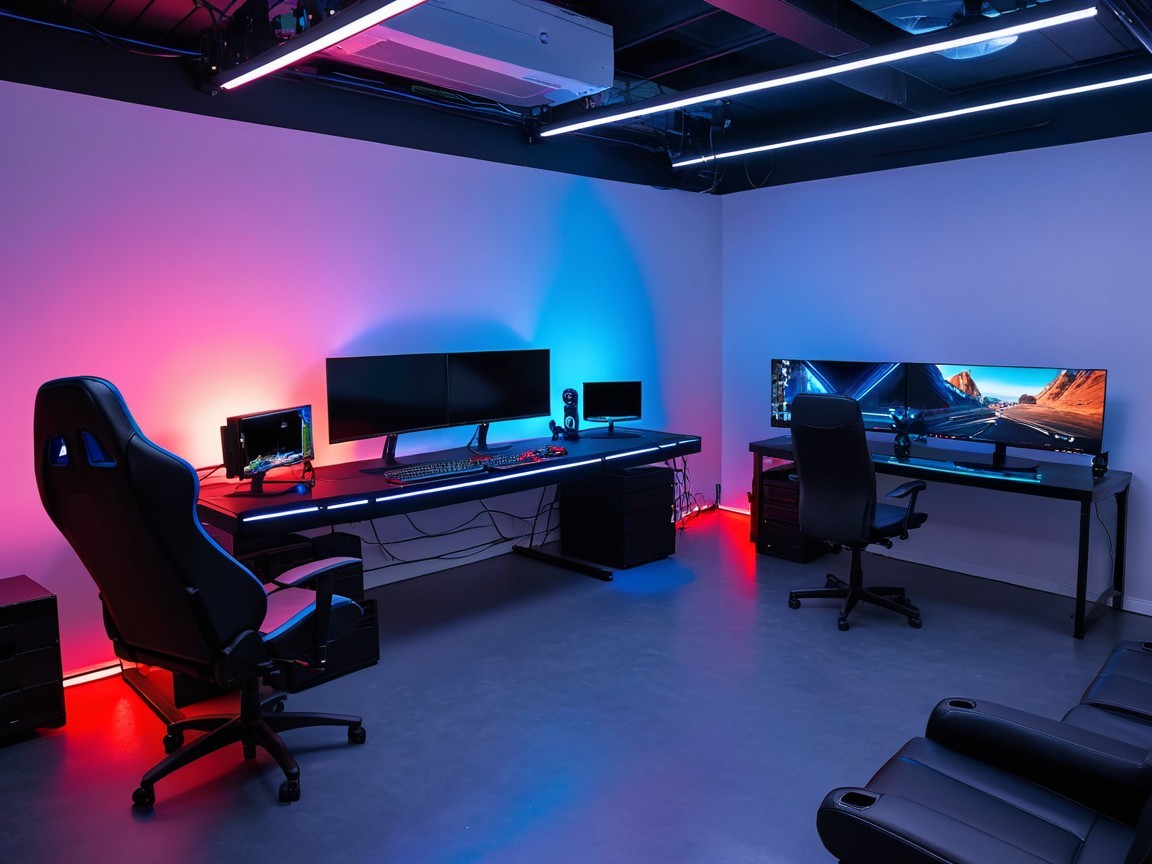 Modern gaming setup with dual desks and LED lights