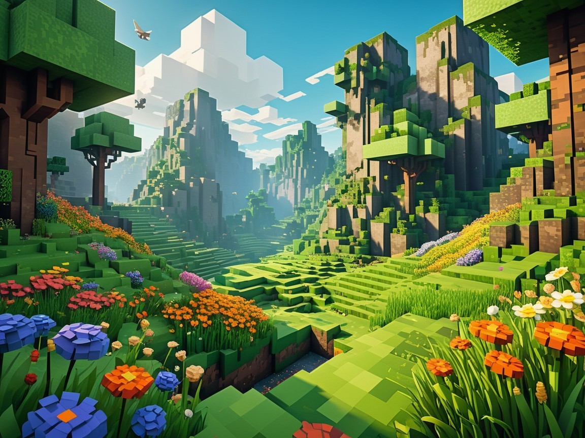 Vibrant Minecraft Landscape with Green Hills and Flowers