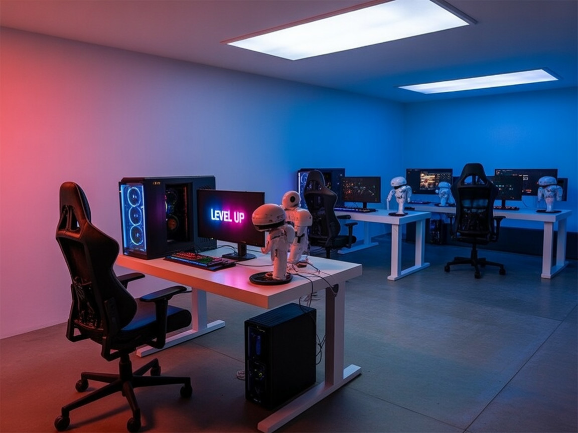 Modern Gaming Setup with High-Tech Computers and Lighting