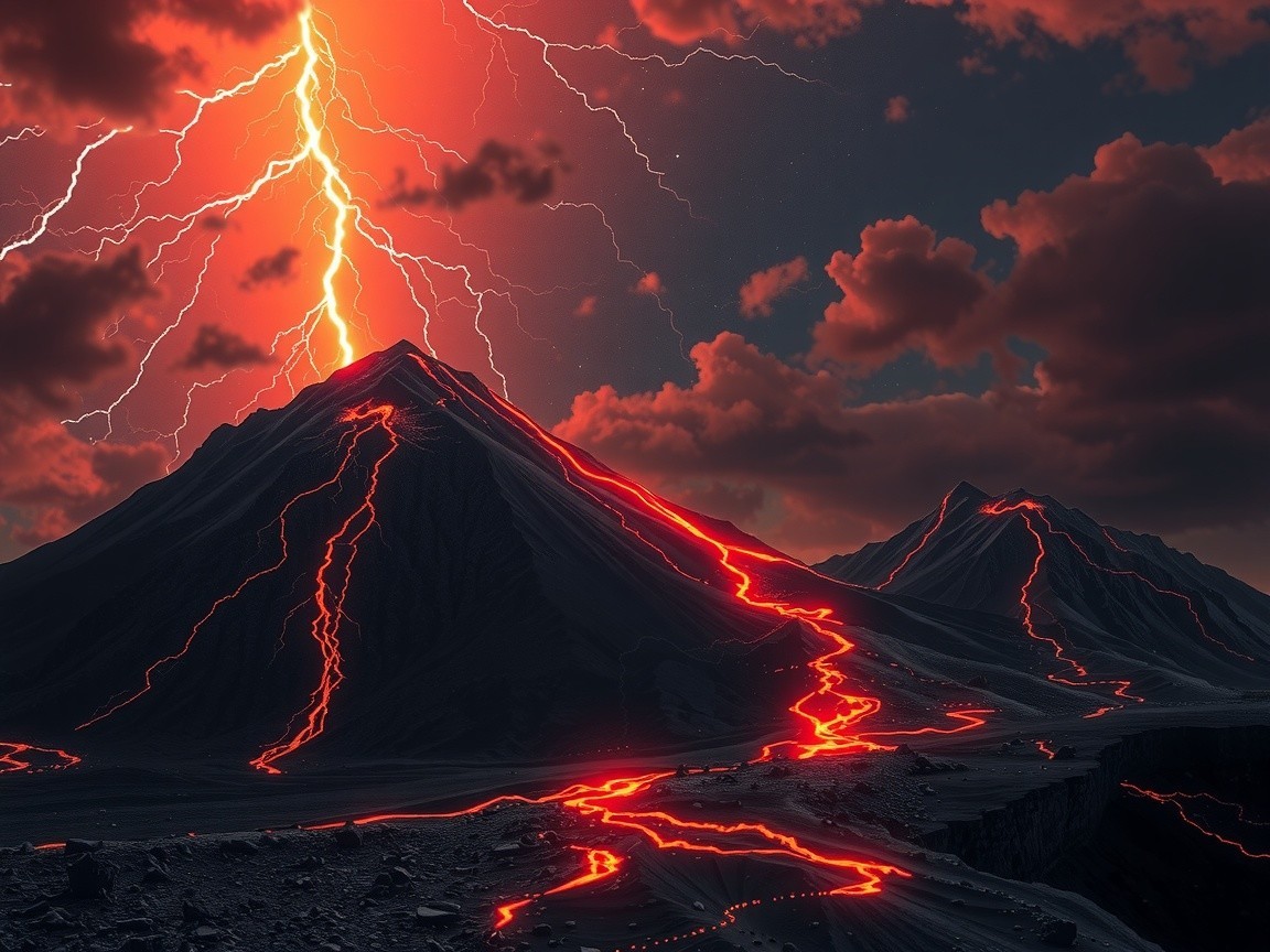 Dramatic Volcano Erupting with Lava and Lightning Storm