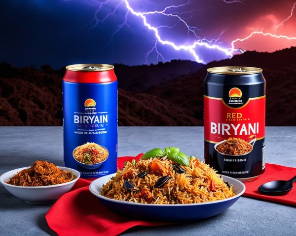 Vibrant Biryani Display with Stormy Sky Background