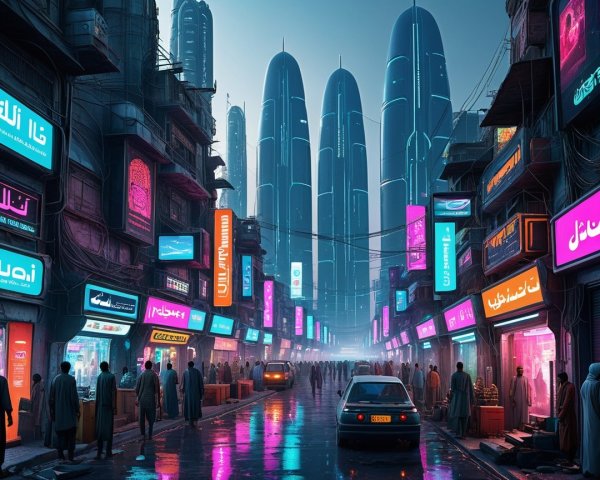 Futuristic Urban Street with Traditional Attire and Neon Signs