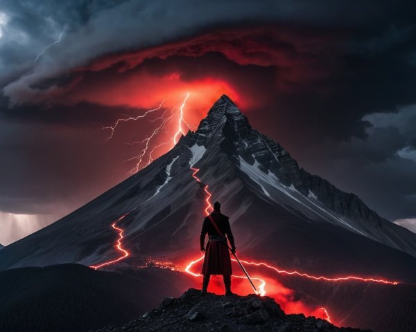 Dramatic Mountain Scene with Lava and Silhouetted Figure