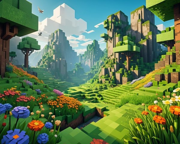 Vibrant Minecraft Landscape with Green Hills and Flowers
