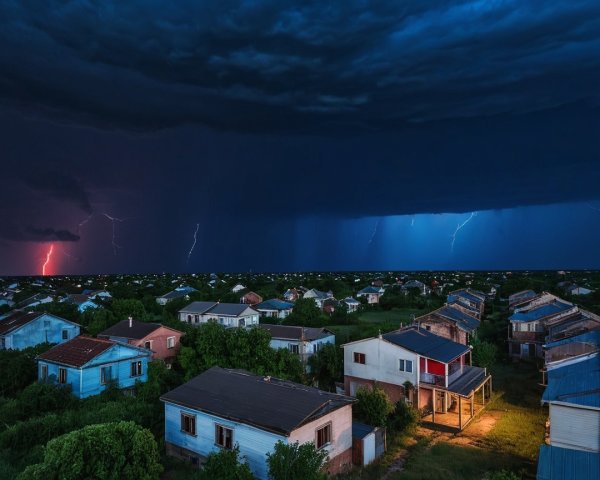 Dramatic Sky Over Quiet Village with Lightning and Shadows
