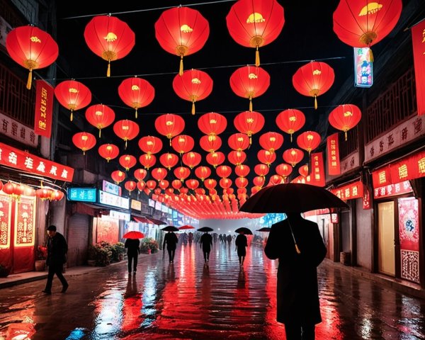Vibrant Night Scene with Red Lanterns and Storefronts