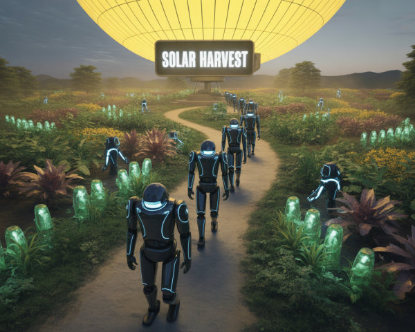 Humanoid Robots in Futuristic Solar Harvest Landscape