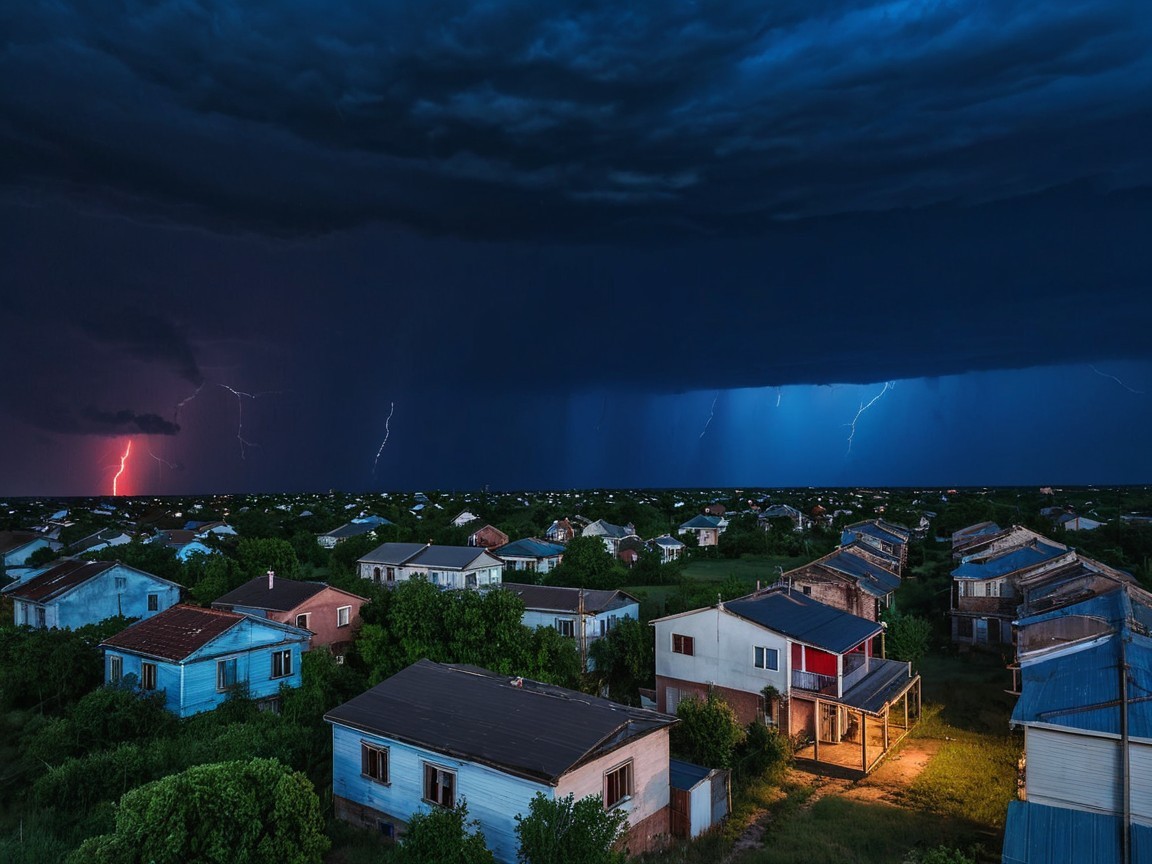Dramatic Sky Over Quiet Village with Lightning and Shadows