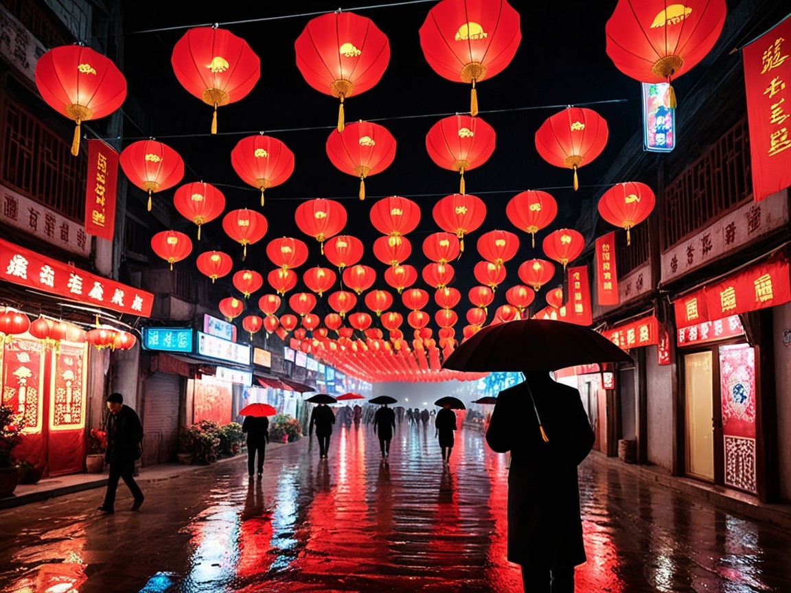 Vibrant Night Scene with Red Lanterns and Storefronts