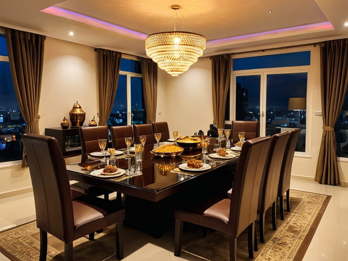 Elegant Dining Room with Dark Wood Table and Chandelier