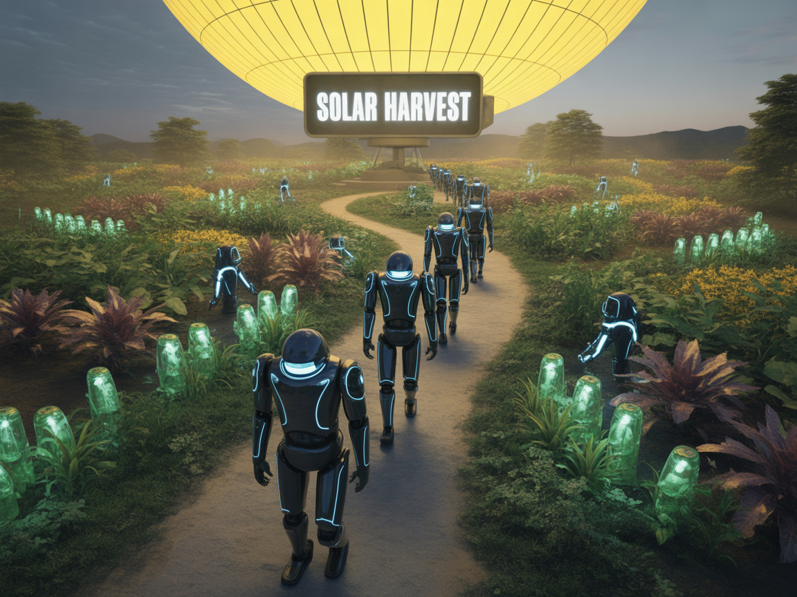 Humanoid Robots in Futuristic Solar Harvest Landscape