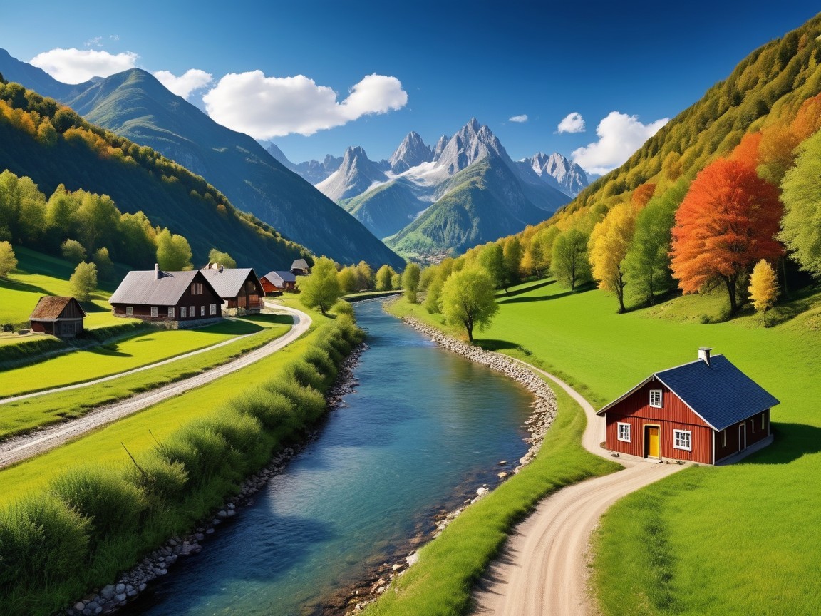 Serene landscape with river, fields, and autumn foliage