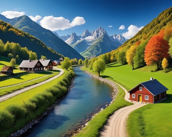 Serene landscape with river, fields, and autumn foliage