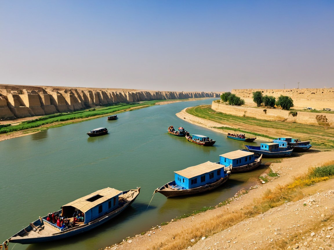 Serene landscape with river, hills, and historic fortification