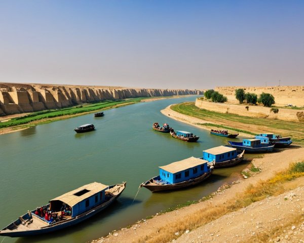 Serene landscape with river, hills, and historic fortification