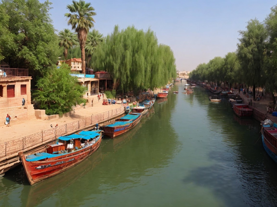 Tranquil Waterway with Lush Trees and Wooden Boats