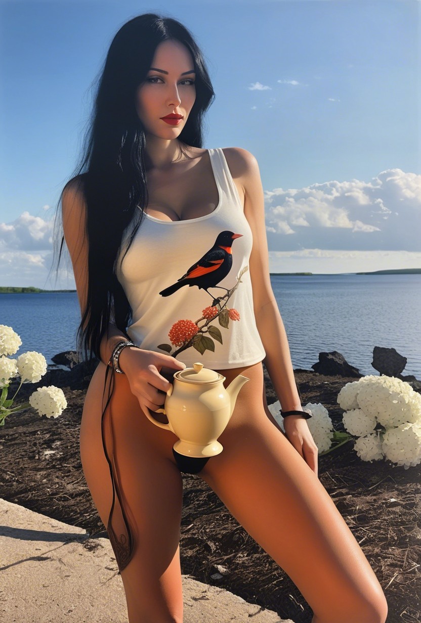 Woman by serene lake in fitted white tank top