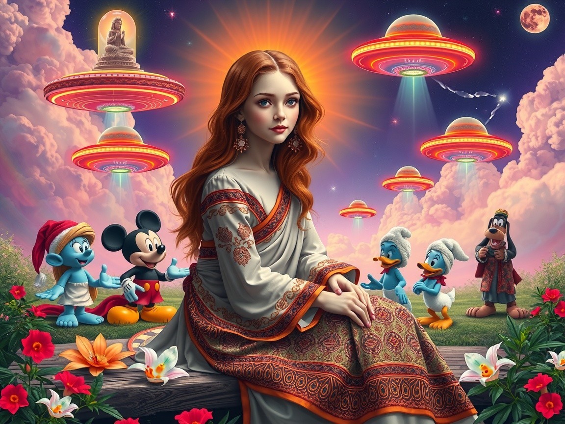 Young woman in gown with flowers and UFOs backdrop