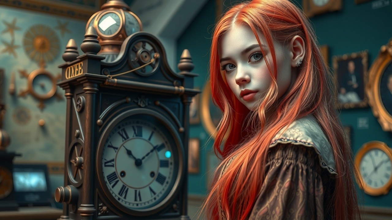 Young woman with red hair beside vintage clocks