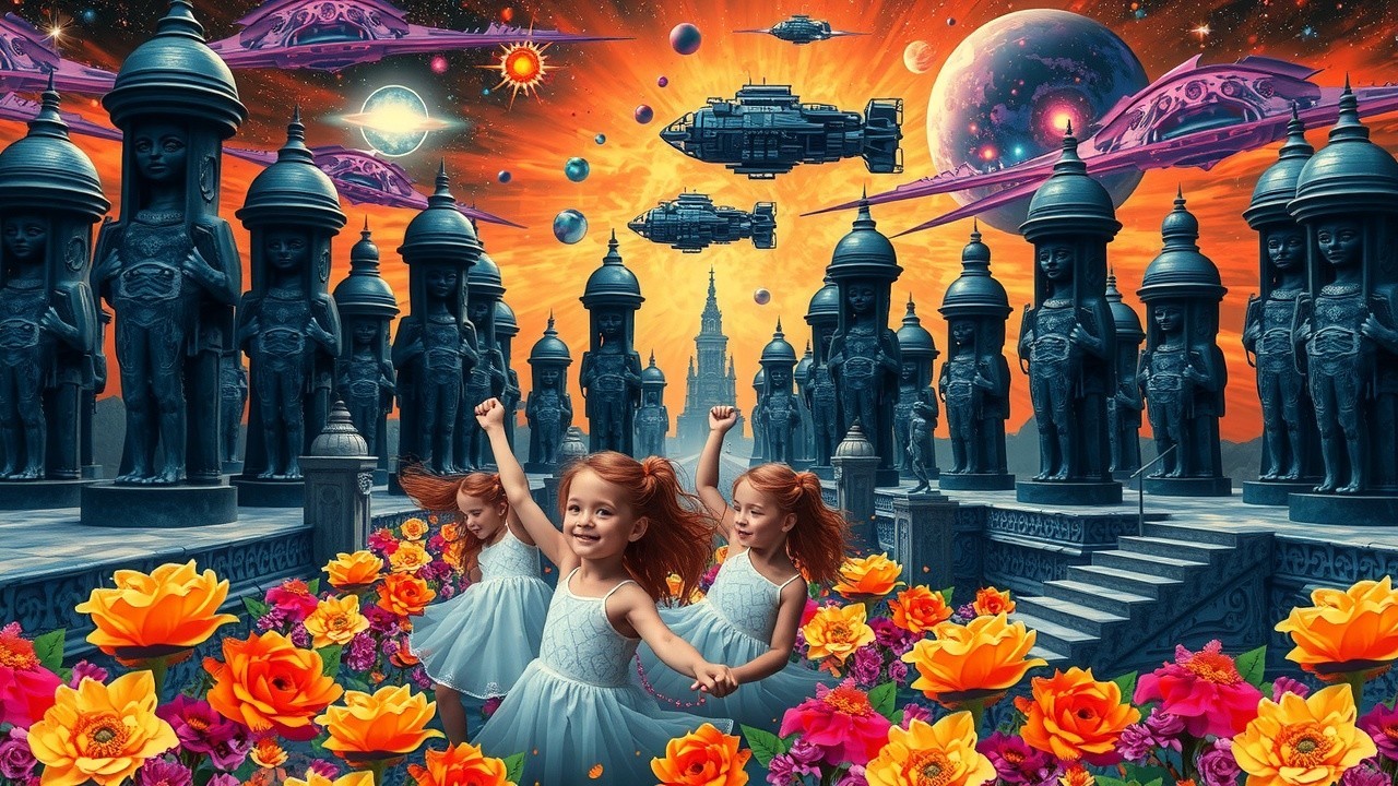 Surreal Dance of Girls in Floral Landscape and Statues