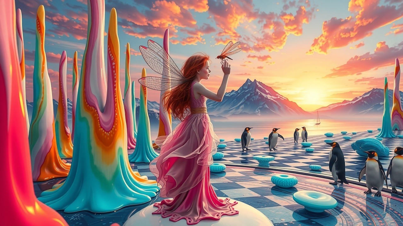 Surreal Sunset Landscape with Fairy and Penguins