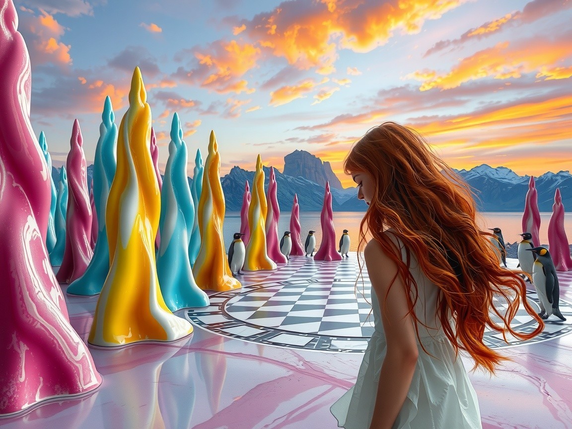 Surreal Chessboard Landscape with Sunset and Penguins