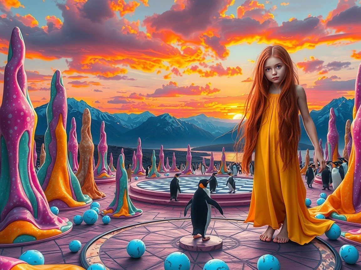 Young girl in vibrant, surreal landscape with penguins