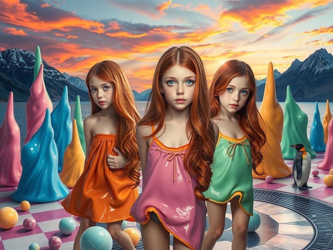 Young girls in colorful dresses in surreal sunset landscape