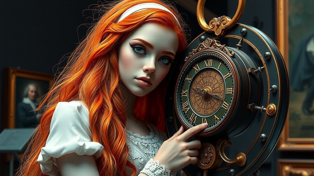 Young Woman in Victorian Dress by Vintage Clock
