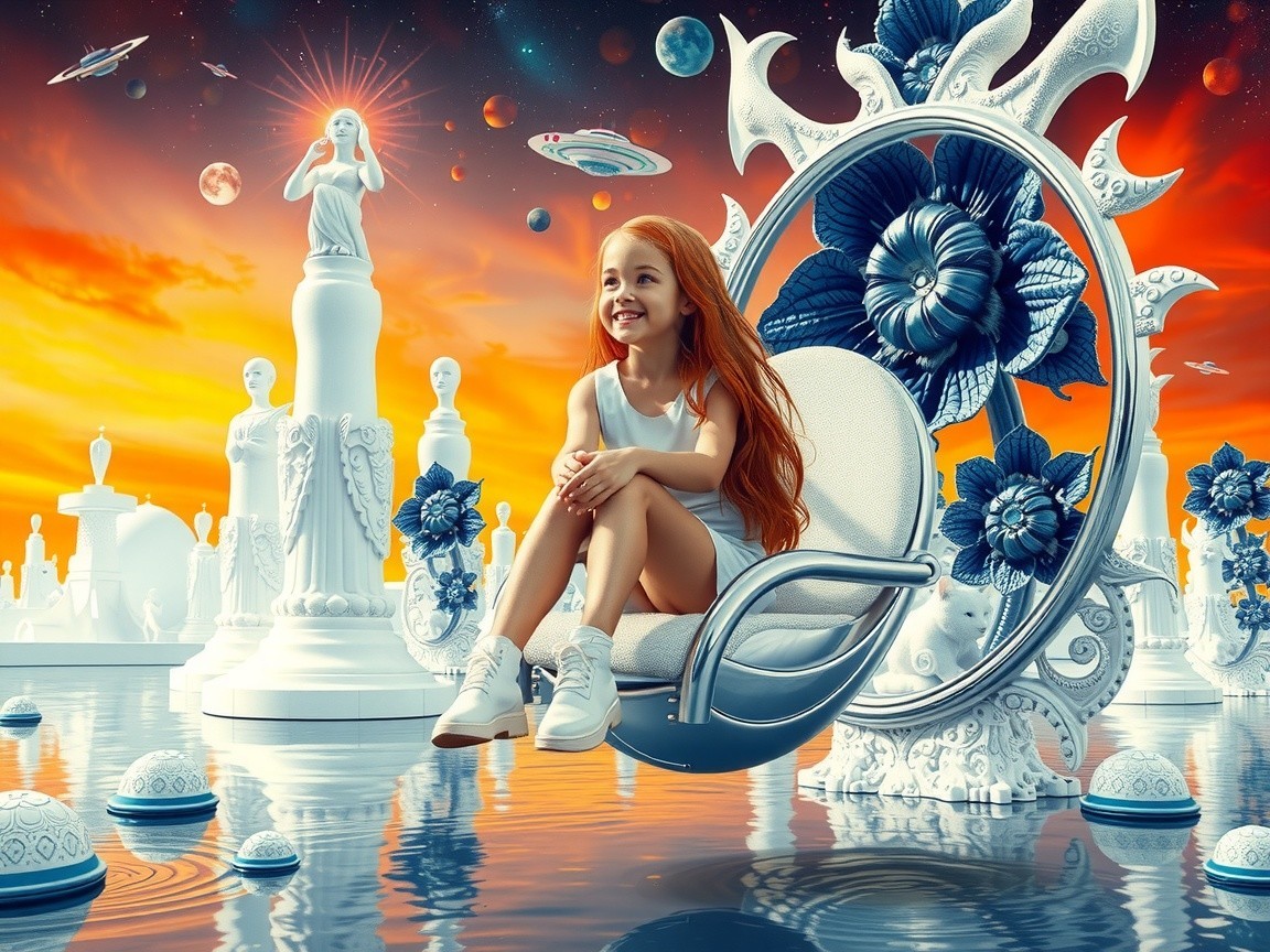 Surreal Landscape with Girl and Futuristic Chair