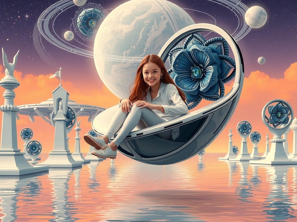 Futuristic Pod Scene with Ethereal Structures and Flowers