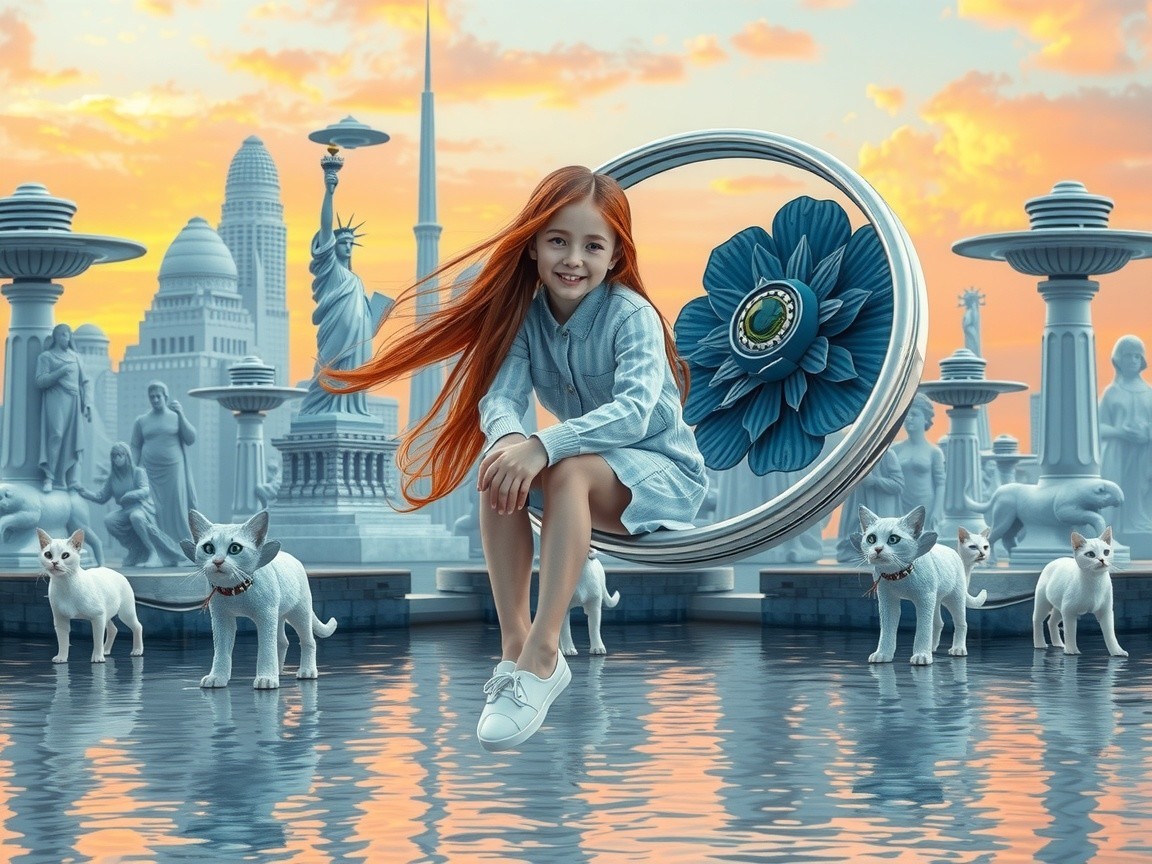 Young girl on swing in surreal landscape with cats