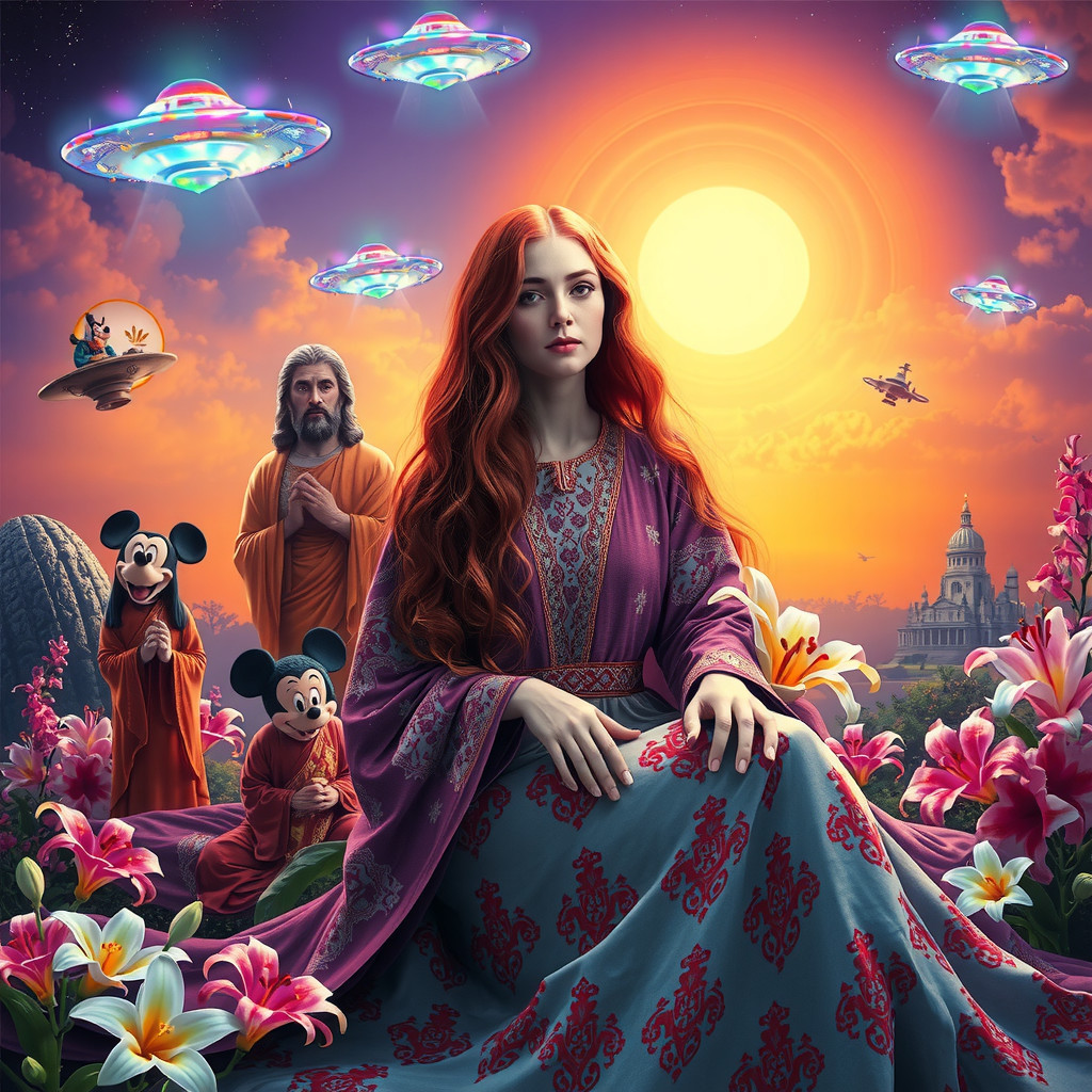 Sunset Scene with Woman, Lilies, and UFOs