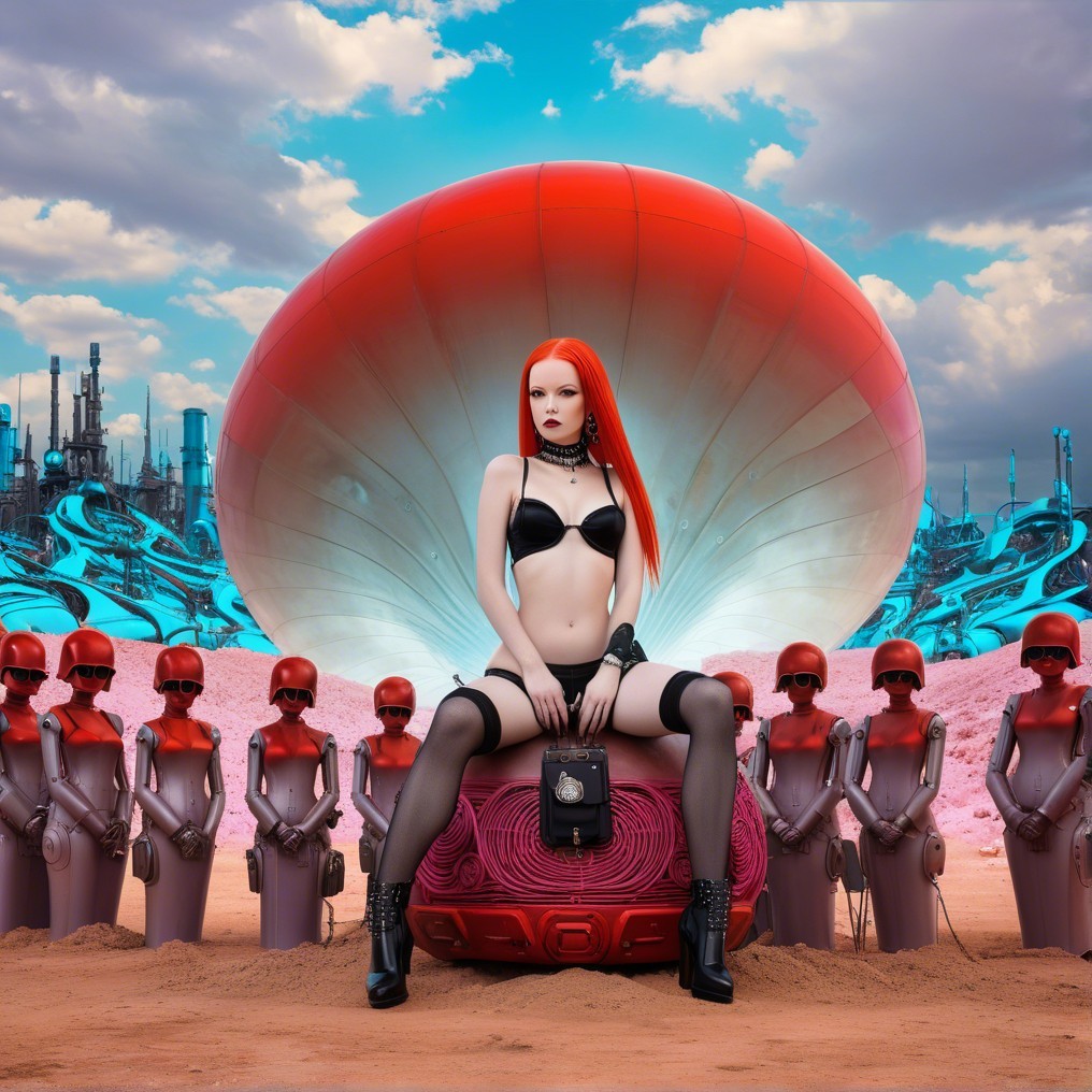 Red-haired figure on futuristic object in surreal landscape