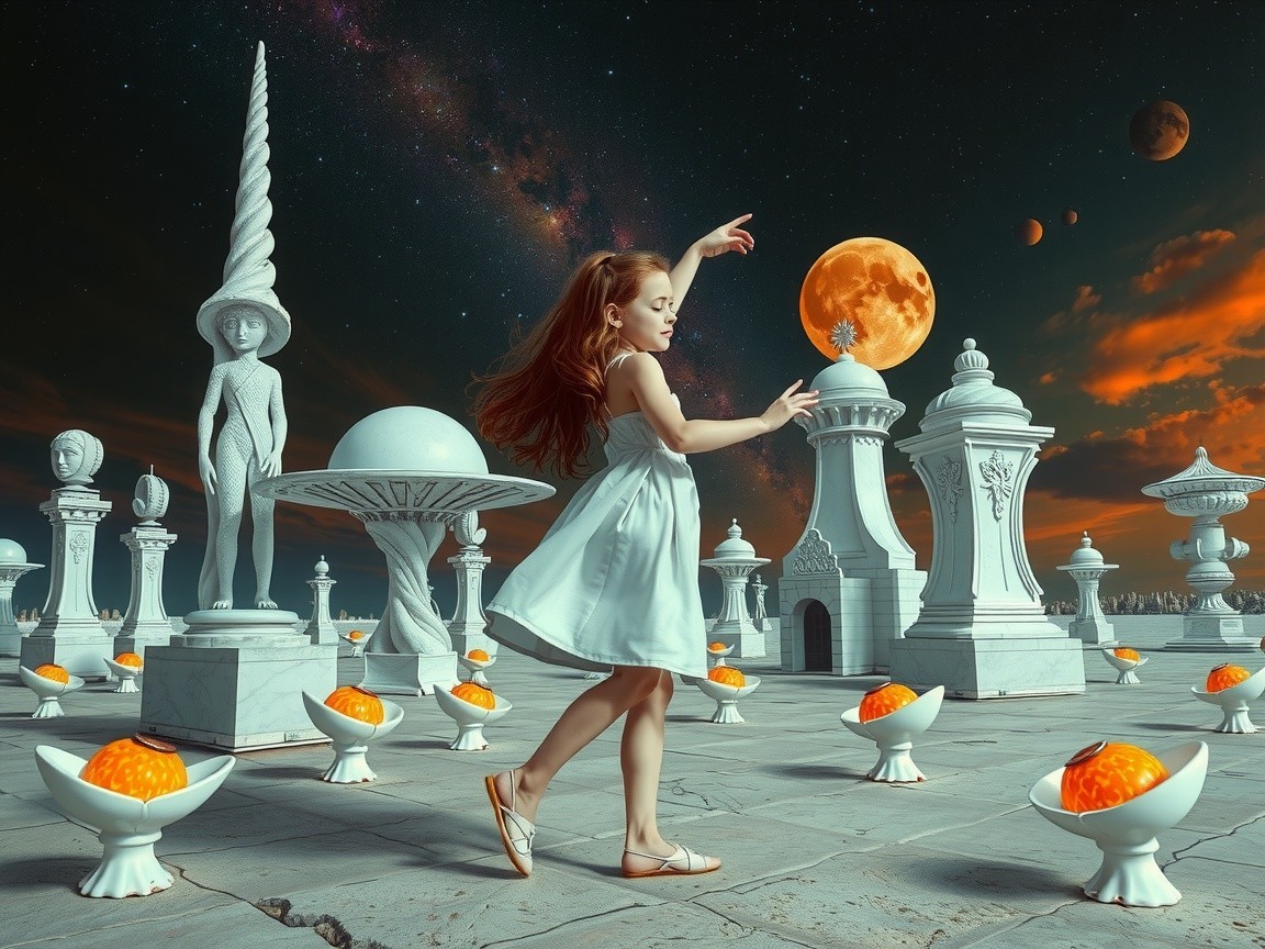 Young girl in white dress in surreal landscape scene