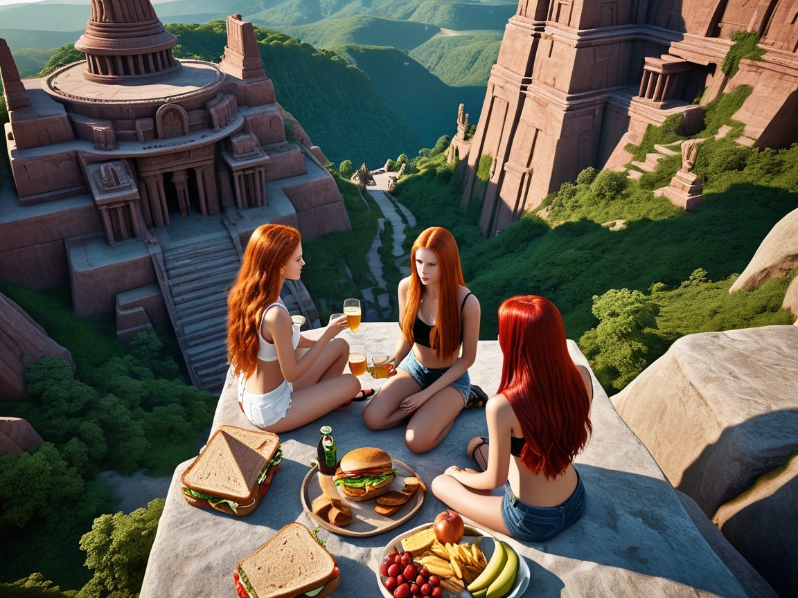 Women with red hair picnic by ancient temple structures