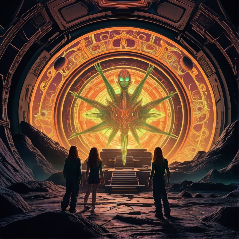 Three Silhouettes Before a Towering Alien Figure