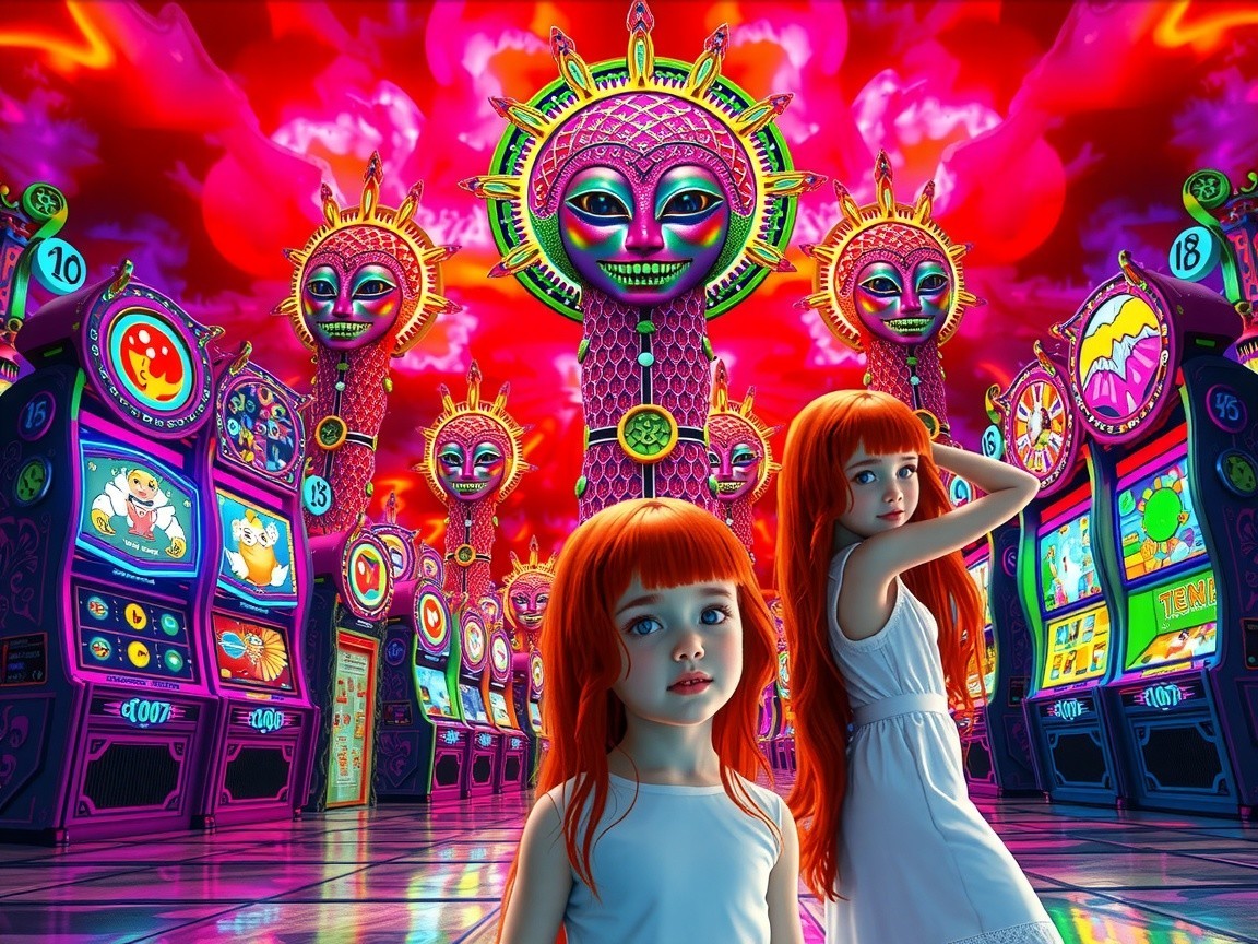 Surreal Landscape with Red-Haired Girls and Slot Machines