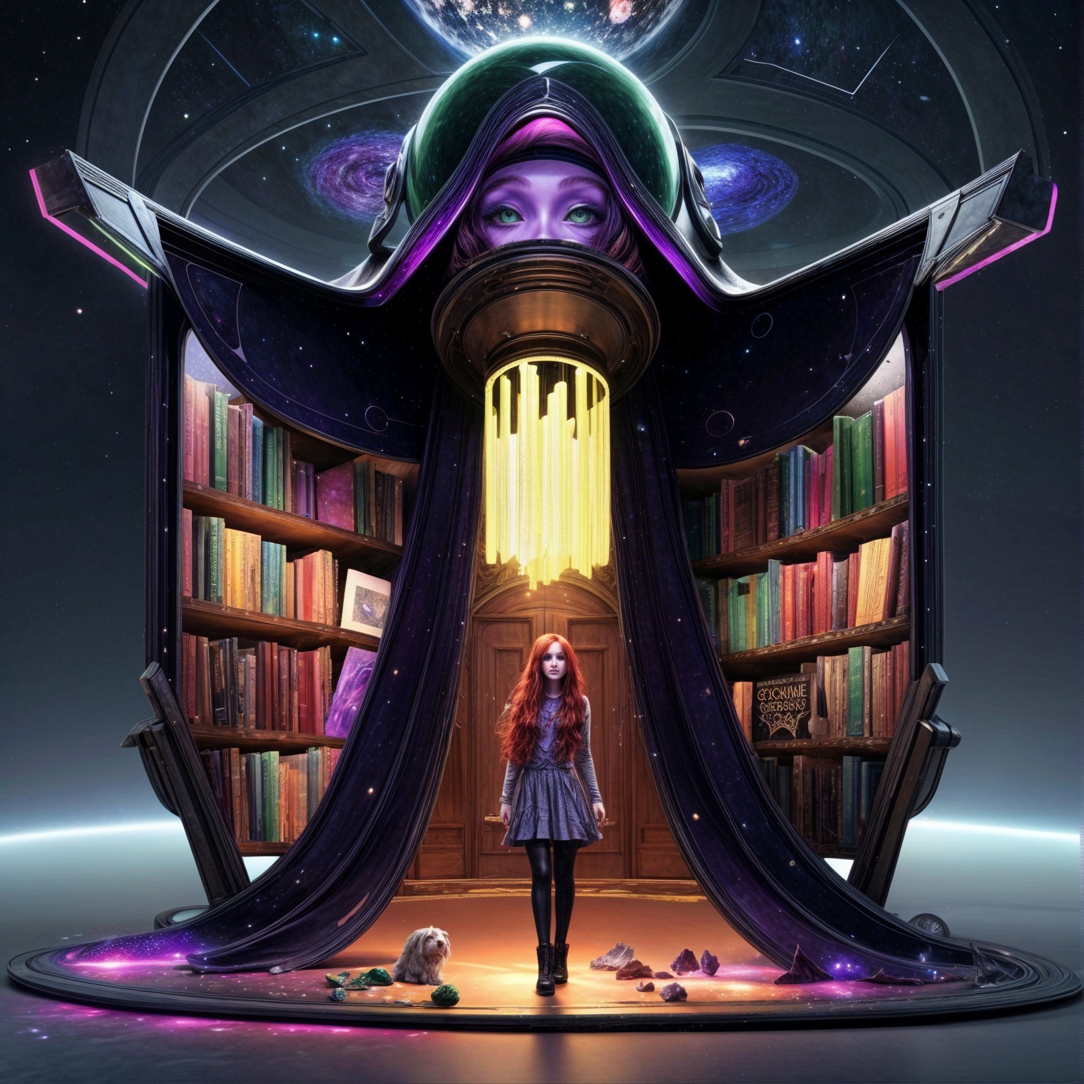 Cosmic Library with Mystical Archway and Enigmatic Figure
