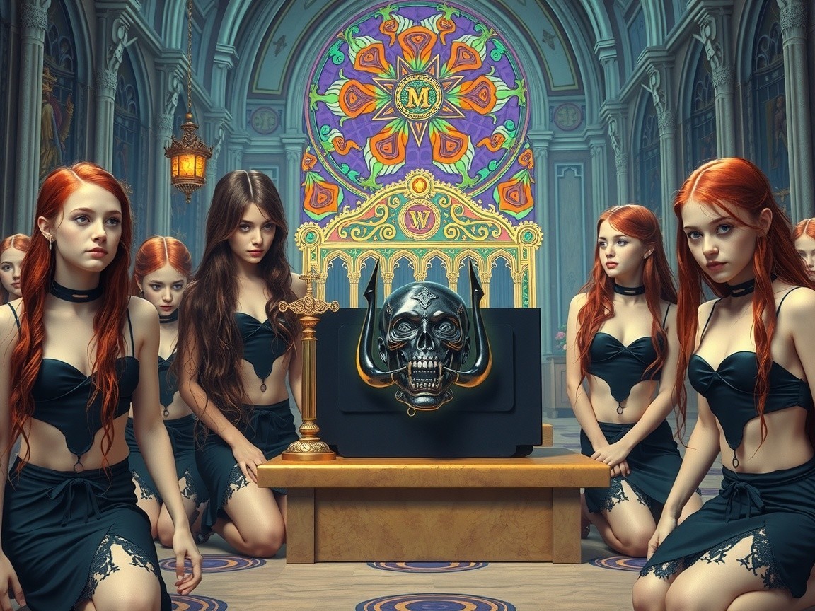 Gothic Scene with Young Women Around Ornate Altar