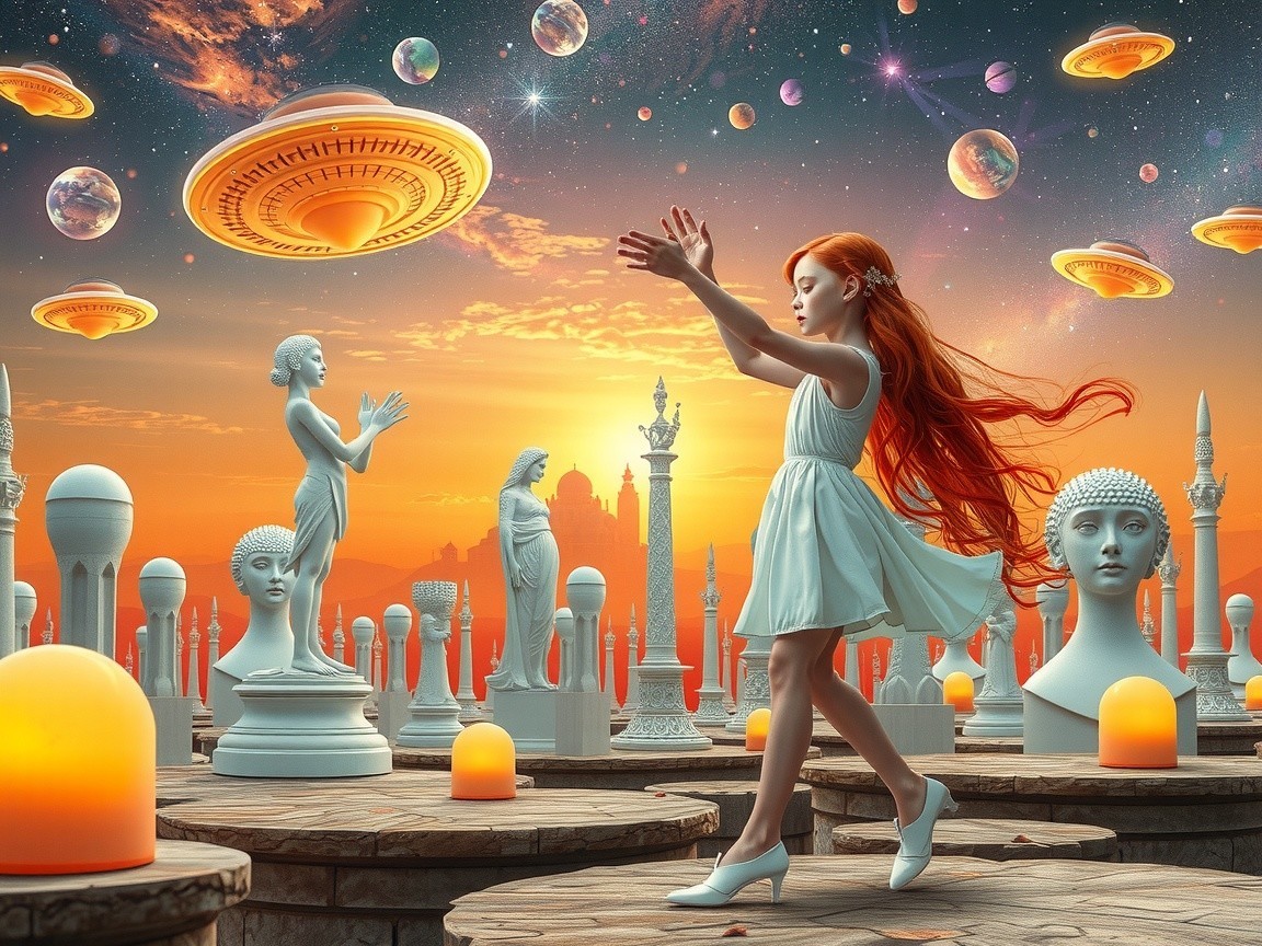 Girl with Red Hair Dancing in a Dreamlike Setting