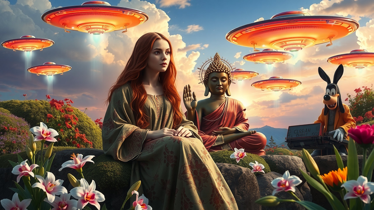 Surreal Landscape with Buddha and Colorful UFOs