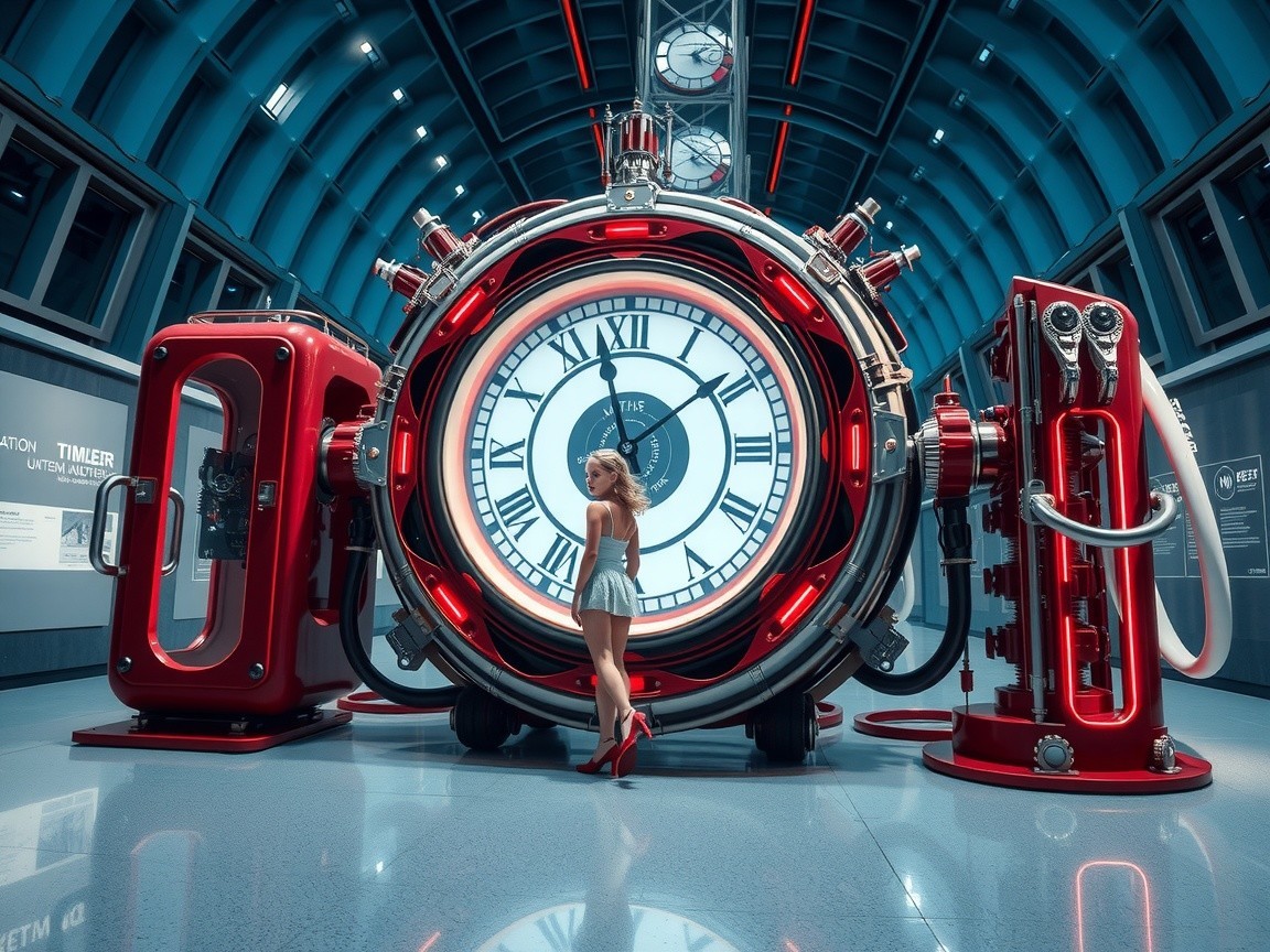 Futuristic Scene with Woman and Oversized Clock