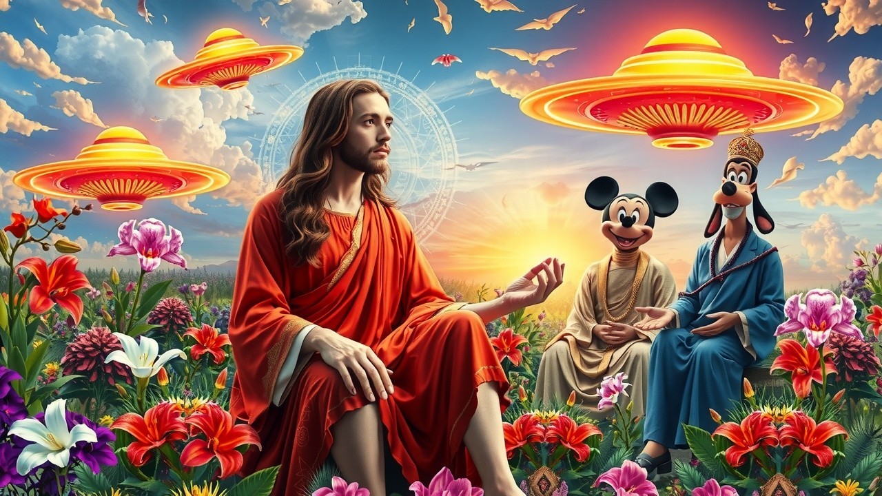 Surreal Landscape with Jesus and Whimsical Characters