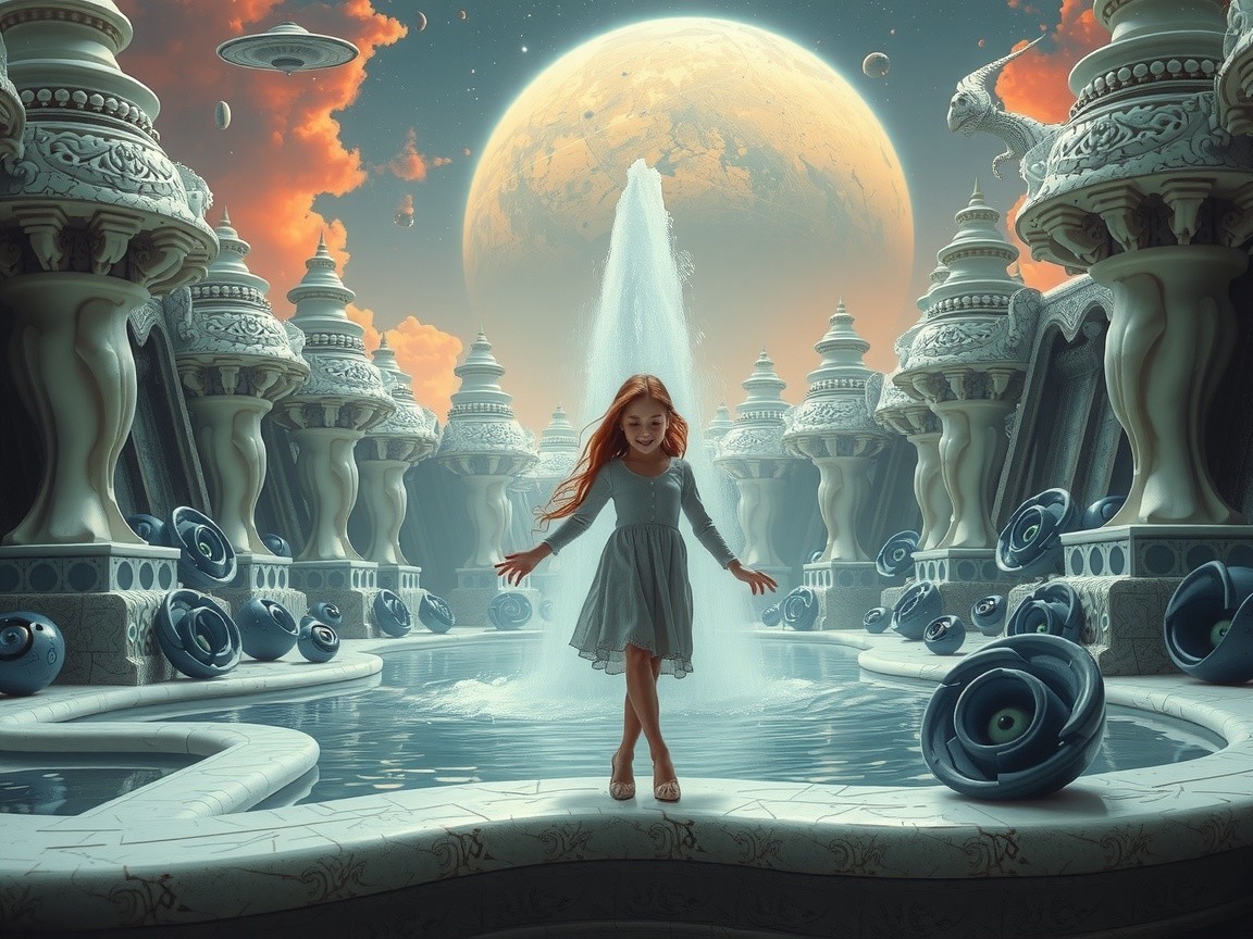 Young girl in flowing dress poses in surreal setting
